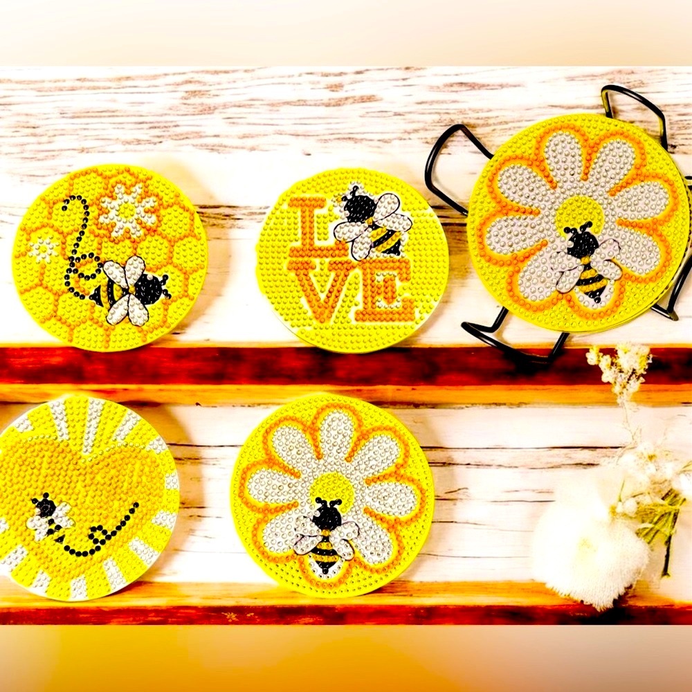 Bee Themed Coaster Set of 4 w/Holder Hand Crafted & Sealed Diamond Art 4”